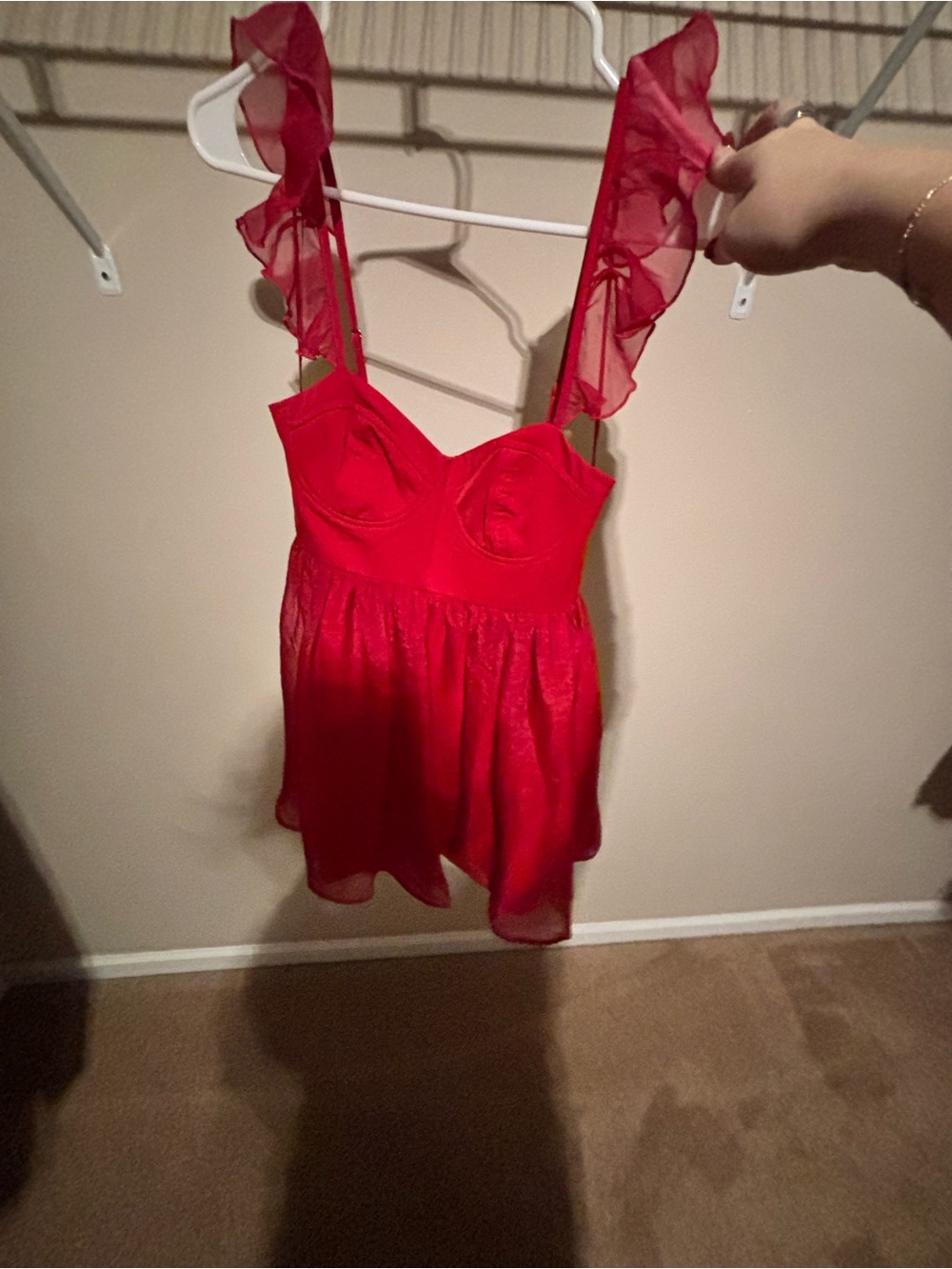 Red Ruffle Strap Mini Dress - Picture 2 of 4